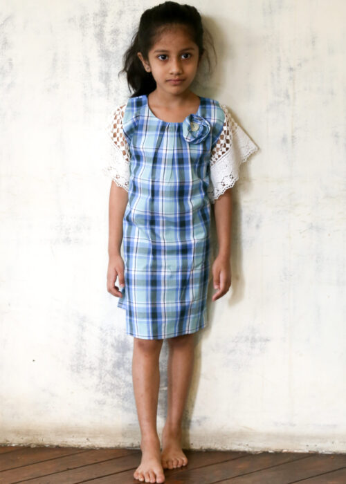 Blue Checkered Dress with Lace