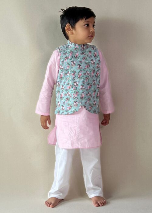 Pink Kurta with Floral Nehru Jacket