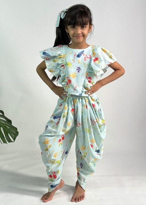 Cyan Botanical Dhoti Set